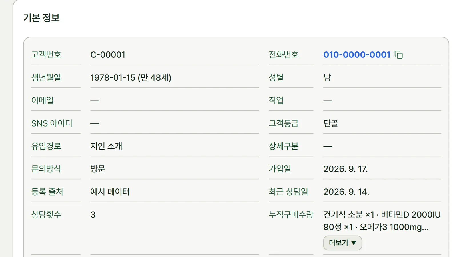 고객 상세 화면 — 기본 정보와 상담·구매 이력이 한 화면에